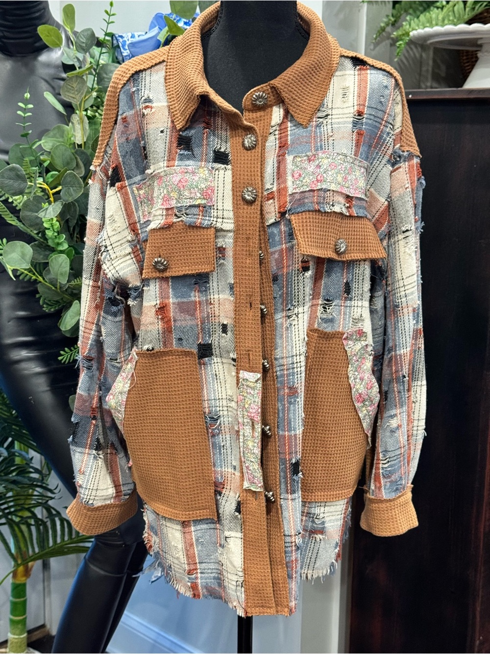 Boho POL Plaid Patchwork Shacket in Rust and Cream